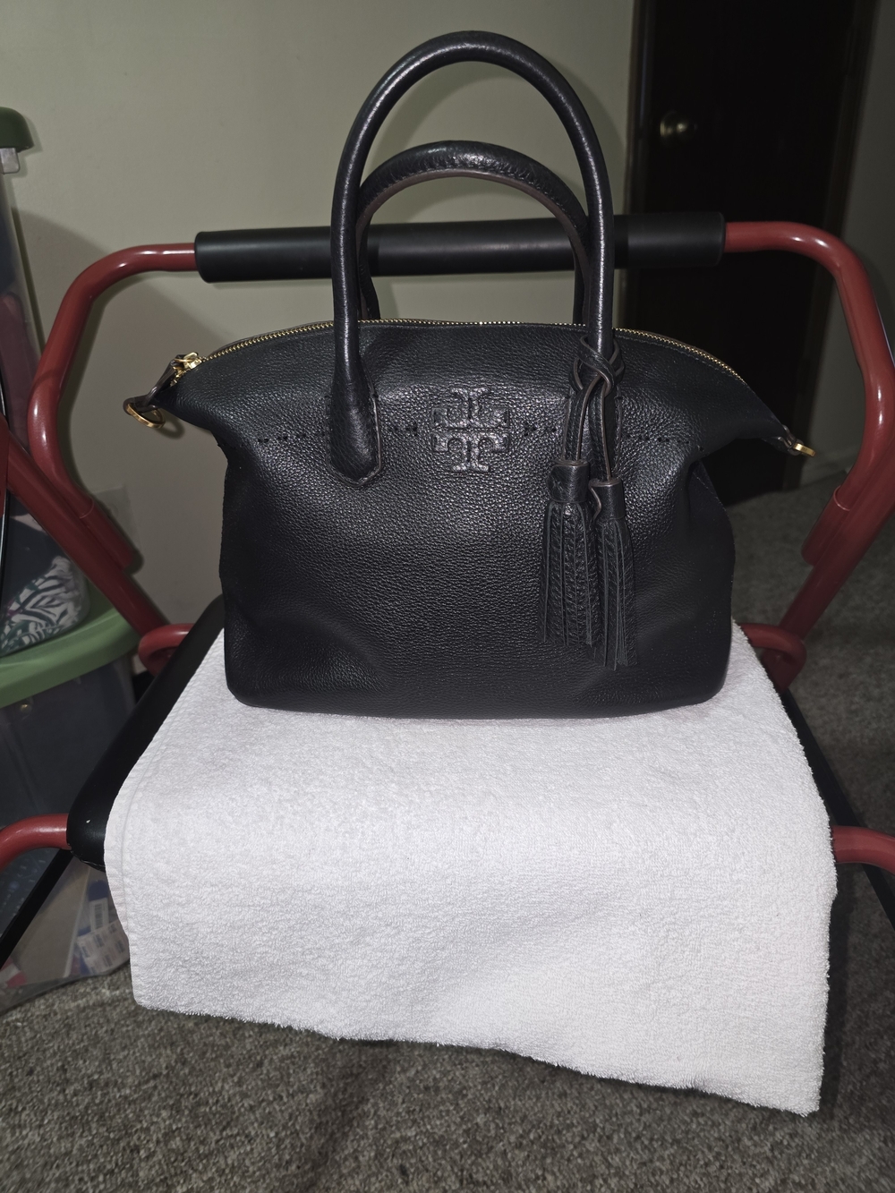 Tory Burch Mc GrawBlack Pebbled Leather Satchel with Tassel Zip With Long Strap